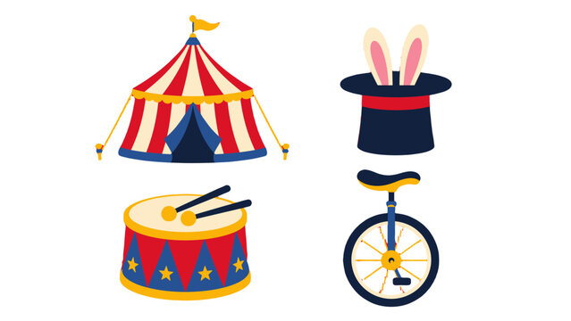 Circus tent drum magic hat and unicycle flat vector set