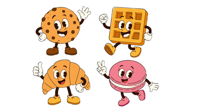 Cute retro cartoon dessert characters set on white background