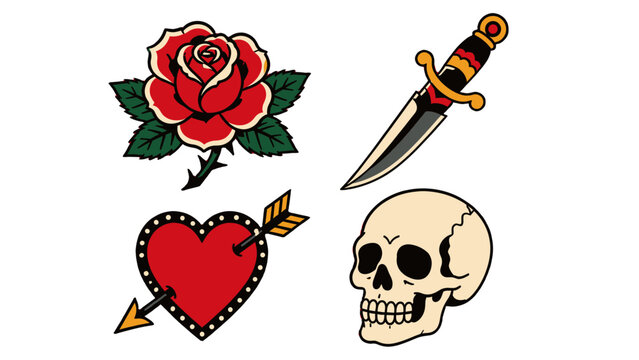 Old school tattoo symbols with rose dagger heart and skull