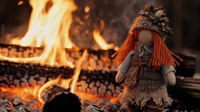 A vibrant orange-haired doll stands before a roaring fire outdoors at night.