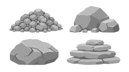 Set of gray rocks and stone piles isolated on white © Andrei