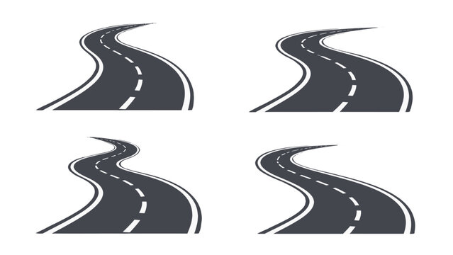 Set of curved asphalt road perspective icons isolated on white