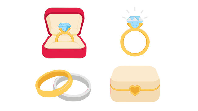 Wedding rings and jewelry box set in colorful vector style