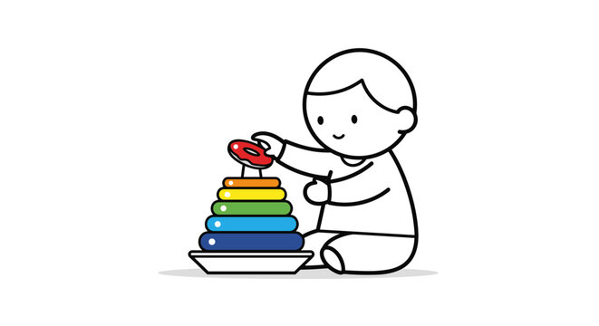 Cute cartoon baby playing with a colorful stacking ring toy.