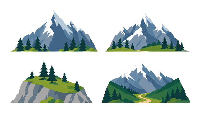 Set of stylized mountain landscapes with trees and winding path