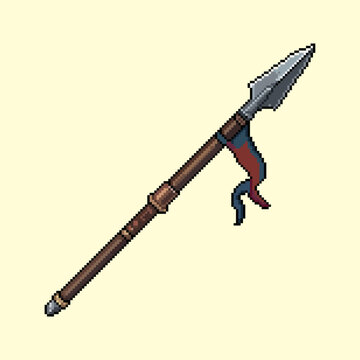 Pixel art of RPG game UI elements with medieval warrior spear weapon, perfect for fantasy combat game inventory design