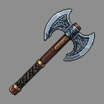 Pixel art of a fantasy RPG game battle axe icon, perfect for game UI, assets, item design, and retro gaming graphics