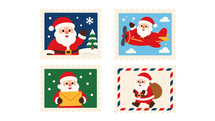 Fototapeta premium Christmas postage stamp set with Santa and holiday mail icons