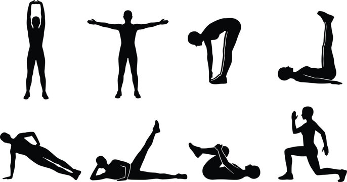 Fitness Exercise Silhouette Collection Featuring Stretching Core Training Lunges Leg Raises and Mobility Workouts