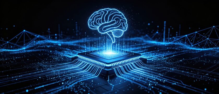 Futuristic AI processor chip with glowing brain hologram on digital network system, idea for artificial intelligence computing, machine learning and advanced technology innovation
