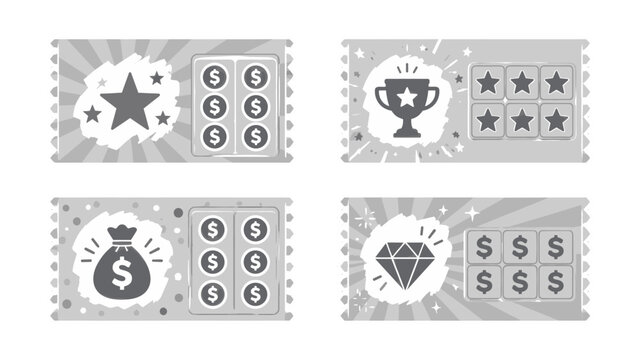 Set of grayscale scratch cards with prize symbols and icons