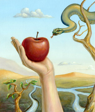 Eve picking up the forbidden fruit