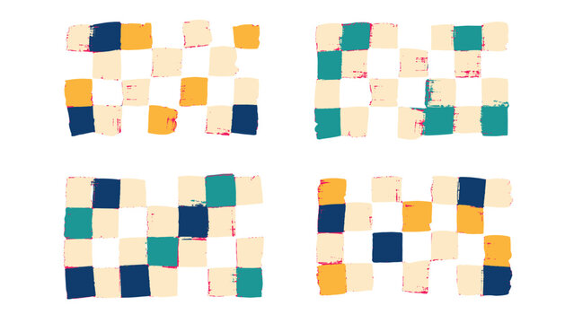 Four distressed checkerboard pattern swatches in muted colors