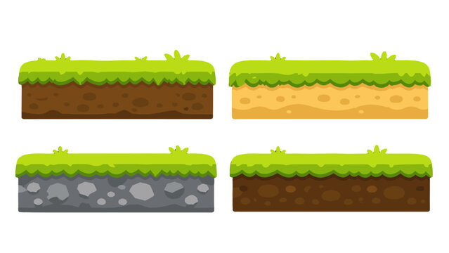 Cartoon grass ground tiles with soil and stone layers set