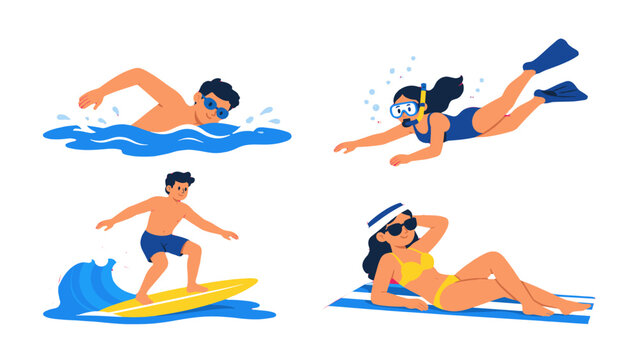 People swimming, snorkeling, surfing and sunbathing illustration
