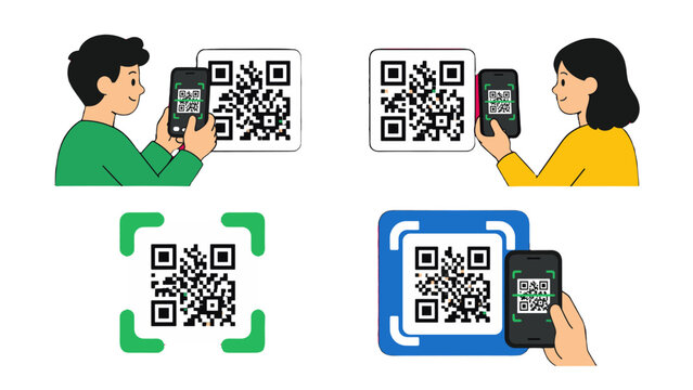 Cartoon people scanning QR codes with smartphones set