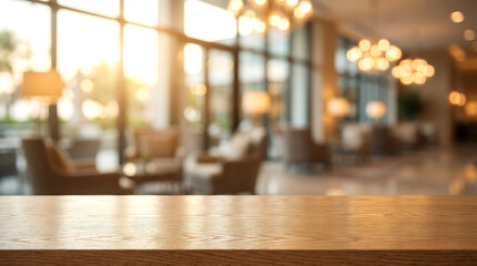Fototapeta premium Empty wooden tabletop for product display in blurred luxury hotel lobby restaurant with warm sunset light bokeh