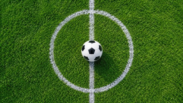 Soccer Ball on Center Circle of Football Field Viewed from Above