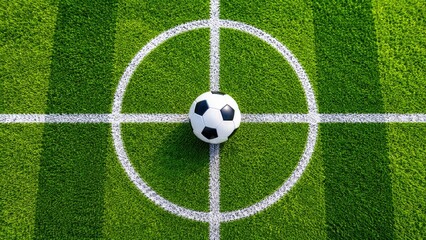 Obraz premium Top View Soccer Ball on Center Circle of Green Football Field with White Markings