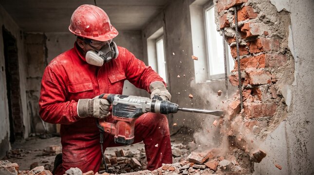 A worker in red demolishes a brick wall with a jackhammer indoors.
