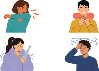 Fototapeta premium Cold and Flu Symptoms Collection Featuring Cough Sore Throat Fever Dizziness and Seasonal Illness Vector Illustration Set
