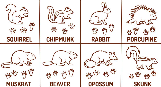 Collection of woodland animal illustrations squirrel chipmunk rabbit porcupine muskrat beaver opossum skunk.