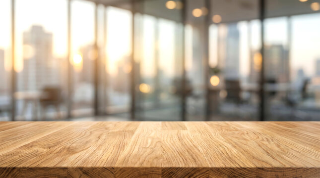 Empty wood desk surface in blurred corporate office background with sunset city view for product advertising mockup