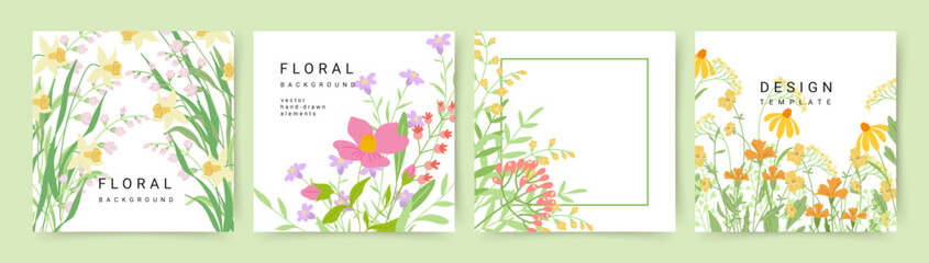 Obraz premium Set of backgrounds with cute hand drawn spring and summer flowers. Vector template for greeting card, Mother's Day, Easter, birthday, invitation, save the date, social media