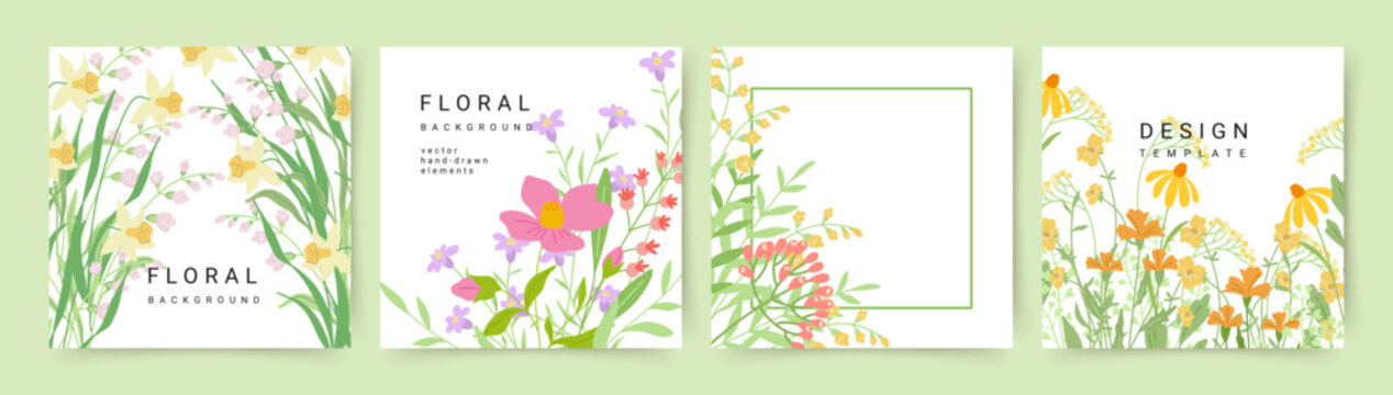 Set of backgrounds with cute hand drawn spring and summer flowers. Vector template for greeting card, Mother's Day, Easter, birthday, invitation, save the date, social media