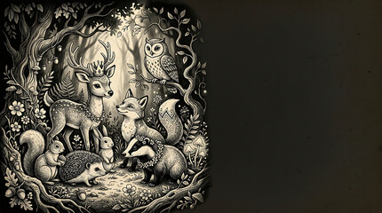 Fototapeta premium Enchanted forest animals gathering in a vintage storybook style