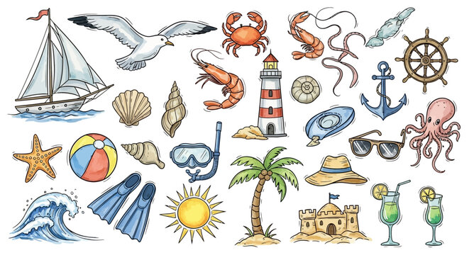Collection of various beach and ocean related objects and elements in a watercolor style