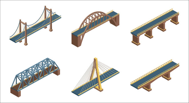 Isometric Bridge Collection Vector Illustration With Blue And Brown Tones