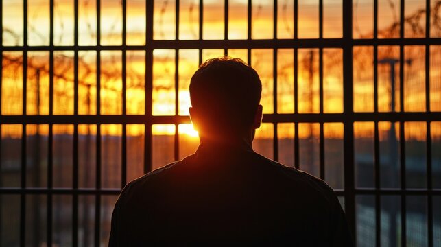 An inmate staring through a barred window at sunset contemplating life and time served in a jail term