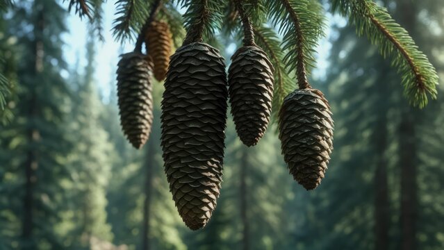 Pine cones hanging from branches