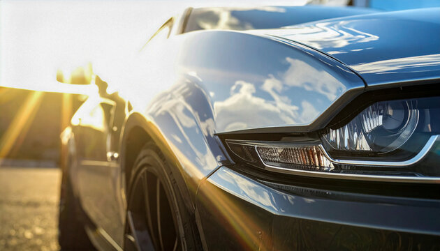 Close up of a chrome car bumper under harsh midday sun with bright light flare