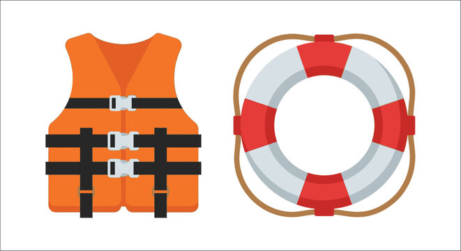 Life Vest And Ring Buoy Flat Vector Illustration On White Background