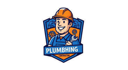 Fototapeta premium Skilled Plumber Contractor Holding Wrench with Gear Emblem, Professional Service and Expertise