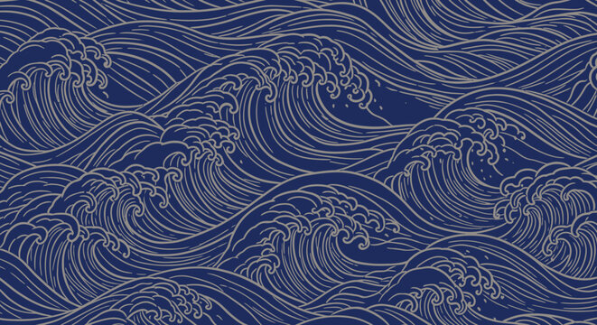 An artistic illustration of ocean waves in a repeating pattern with a dark blue background