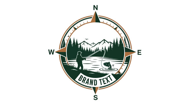 Classic outdoor adventure emblem featuring an angler skillfully fishing in a serene mountain lake, beautifully framed within a compass rose design, perfect for nature enthusiasts and fishing hobbyists