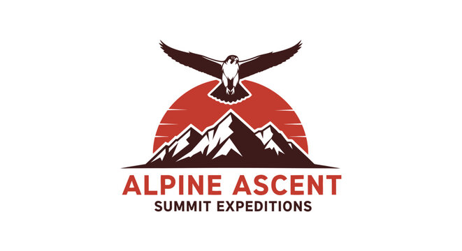 Vector logo of a majestic eagle soaring over rugged peaks with a radiant sun, symbolizing alpine adventure, exploration, and the challenge of high summits
