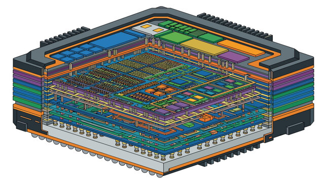A highly detailed isometric rendering of a powerful multi-layered computer processor chip displays complex internal modular architecture with vibrant heat-sink block components.