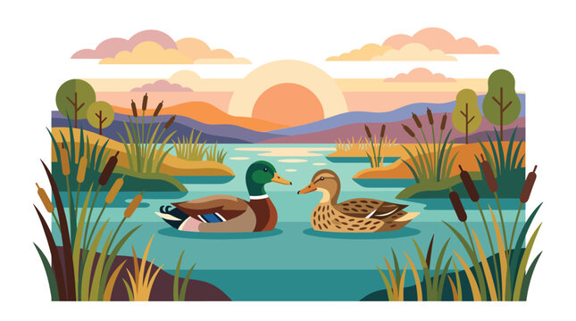 Two mallard ducks swim gently on a calm pond surface surrounded by tall cattails during a vibrant sunset with distant mountains in the background.