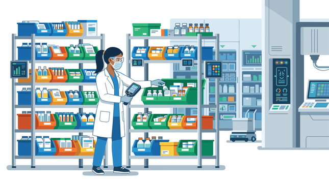A professional pharmacist with a protective face mask scans medication vials using a handheld digital device in a bright, modern pharmaceutical supply storage facility.