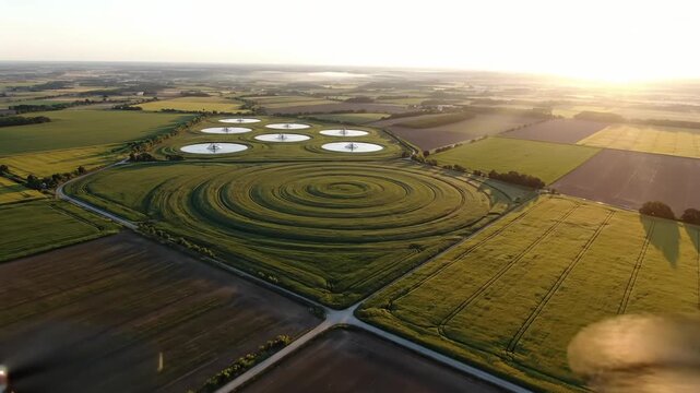 Aerial perspective reveals vast agricultural fields featuring perfectly circular irrigation patterns and shimmering water reservoirs under a warm, sunlit sky, showcasing innovative farming