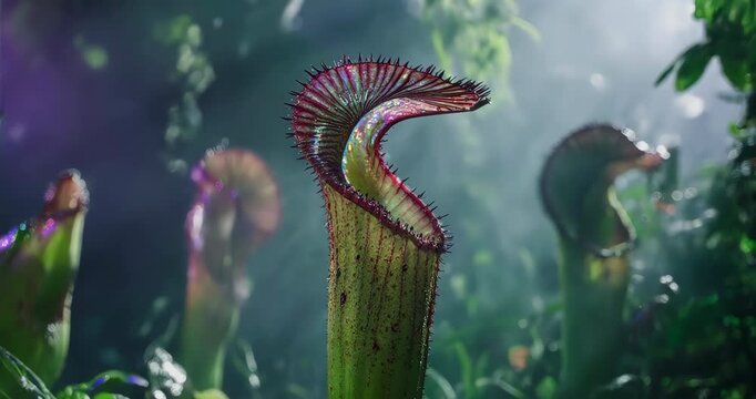 Iridescent Pitcher Plant in Steamy Tropical Bog with Filtered Green Light