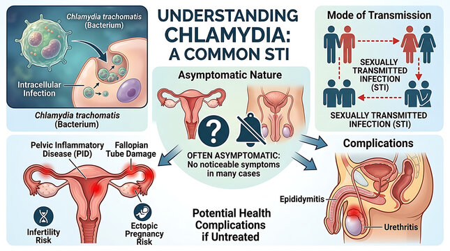 Microscopic medical illustration of Chlamydia trachomatis bacterium cells causing sexually transmitted infection and reproductive health complications in human body through bacterial growth