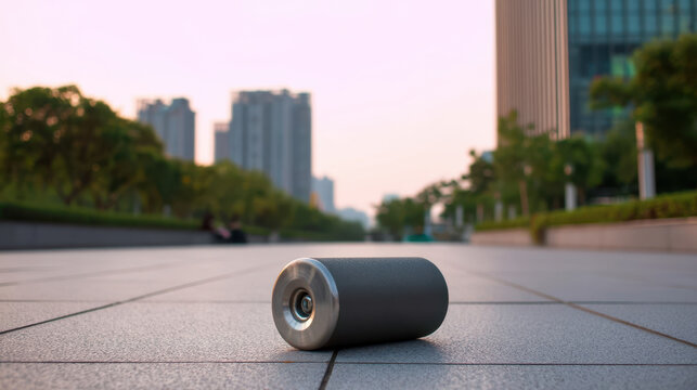 Single roller skate wheel on a quiet city square at sunset, background of sports equipment