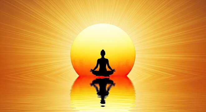 Serene yoga day illustration silhouette of woman meditating against golden sunrise background