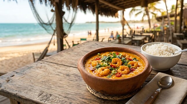 Traditional Brazilian Shrimp Stew Bobo de Camarao in a Clay Pot on a Wooden Table with a Beach Background