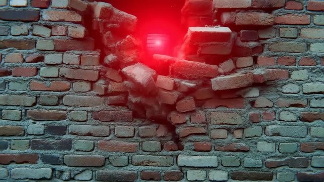Red light breaking through brick wall revealing destruction and dust explosion